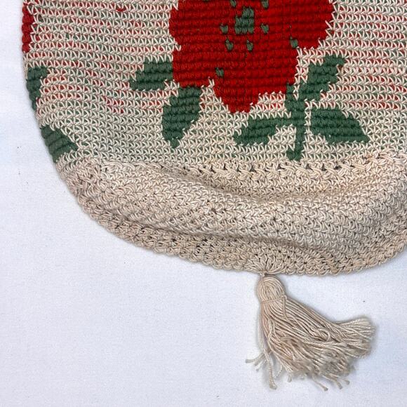 Antique 1920s Macrame Crochet Drawstring Purse Orange Flower Crossbody Tassels - Picture 15 of 16